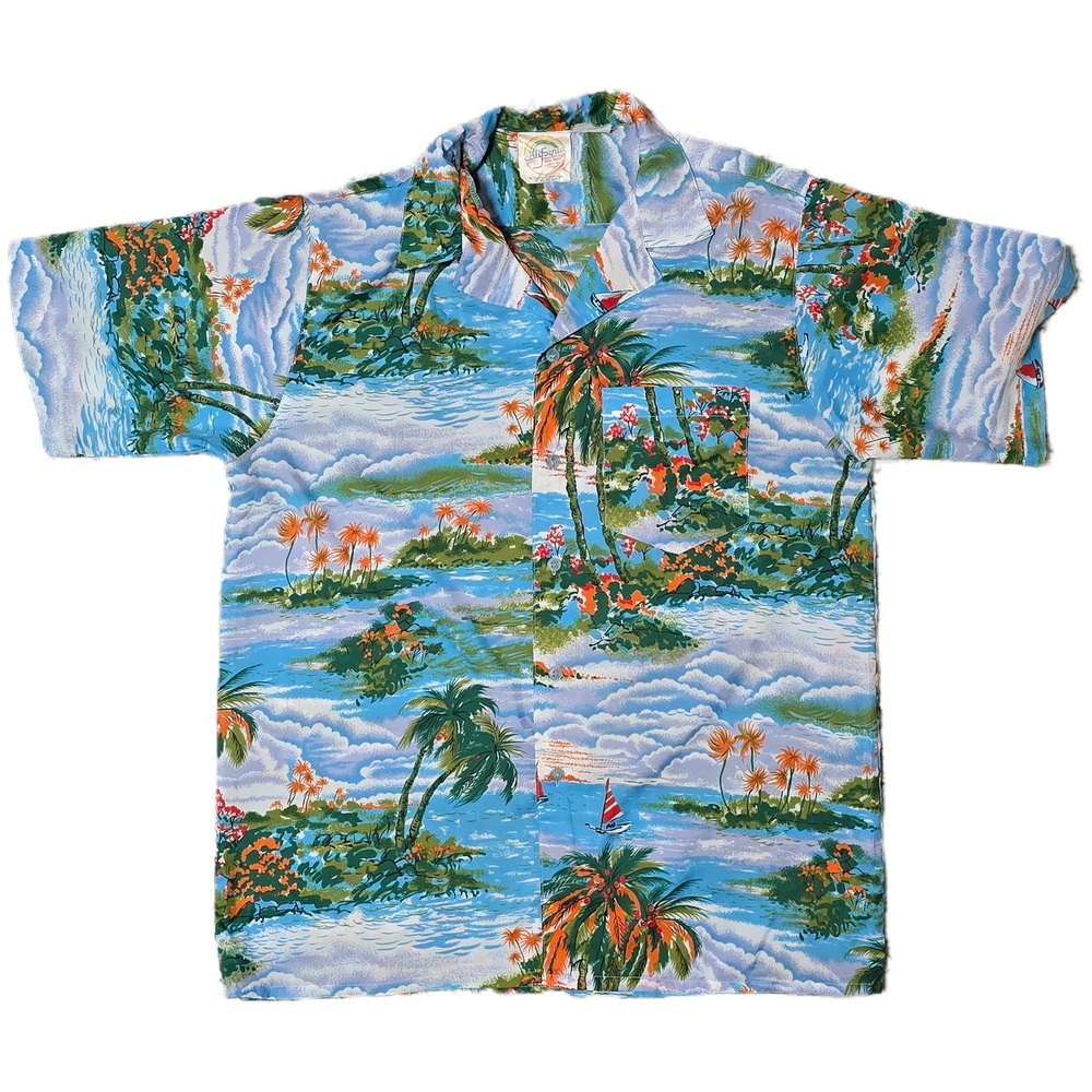 California Rainbow Aloha Shirt Palm Tree Sailboat Island Hawaiian Tropical‎ (T)
